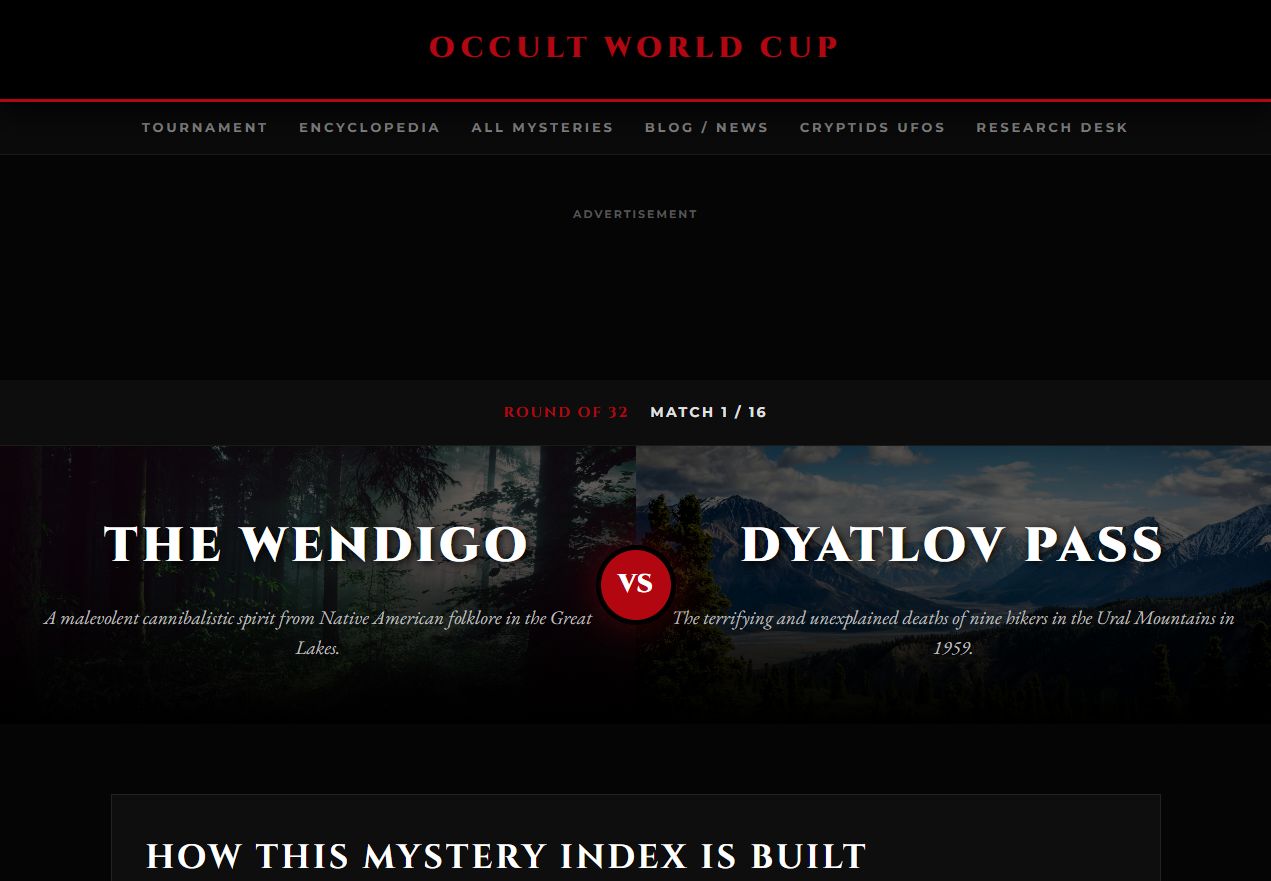 Occult World Cup 참여형 콘텐츠 사이트 화면
